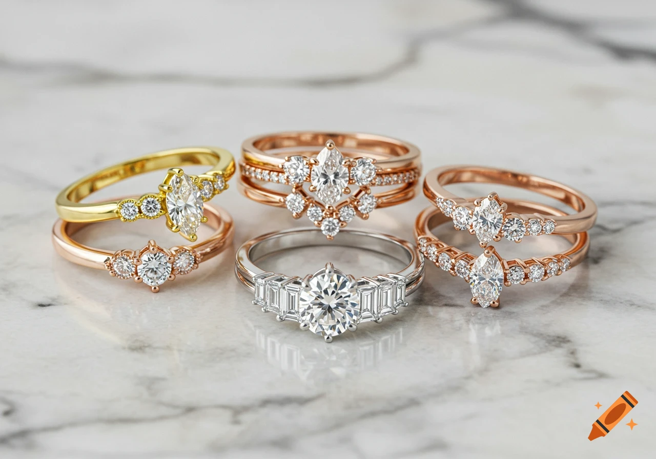 Collection of gold, rose gold, and white metal diamond rings on marble
