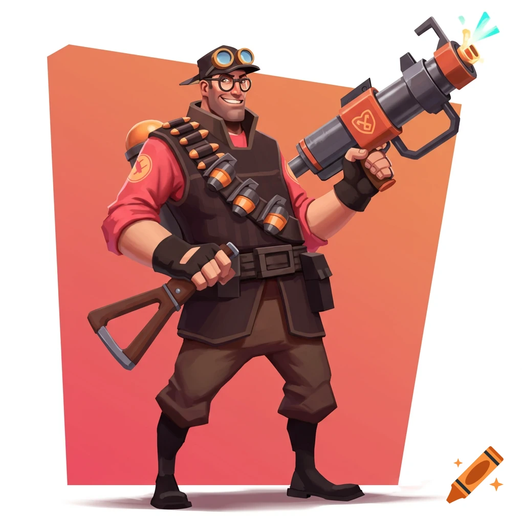 Stylized illustration of a character resembling the TF2 Engineer holding a weapon.