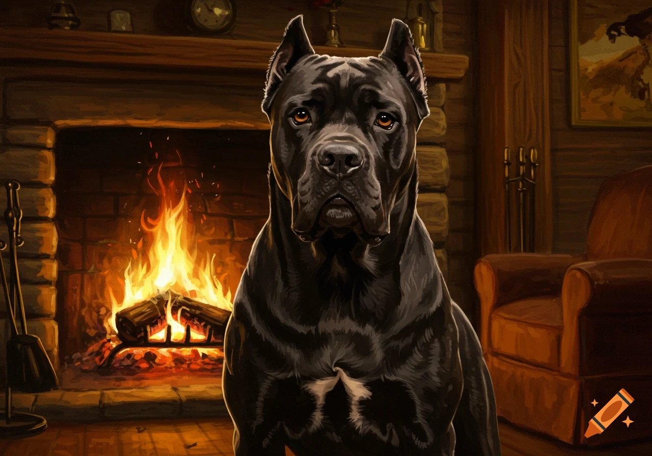 A Cane Corso dog sits in front of a roaring fireplace in a room.