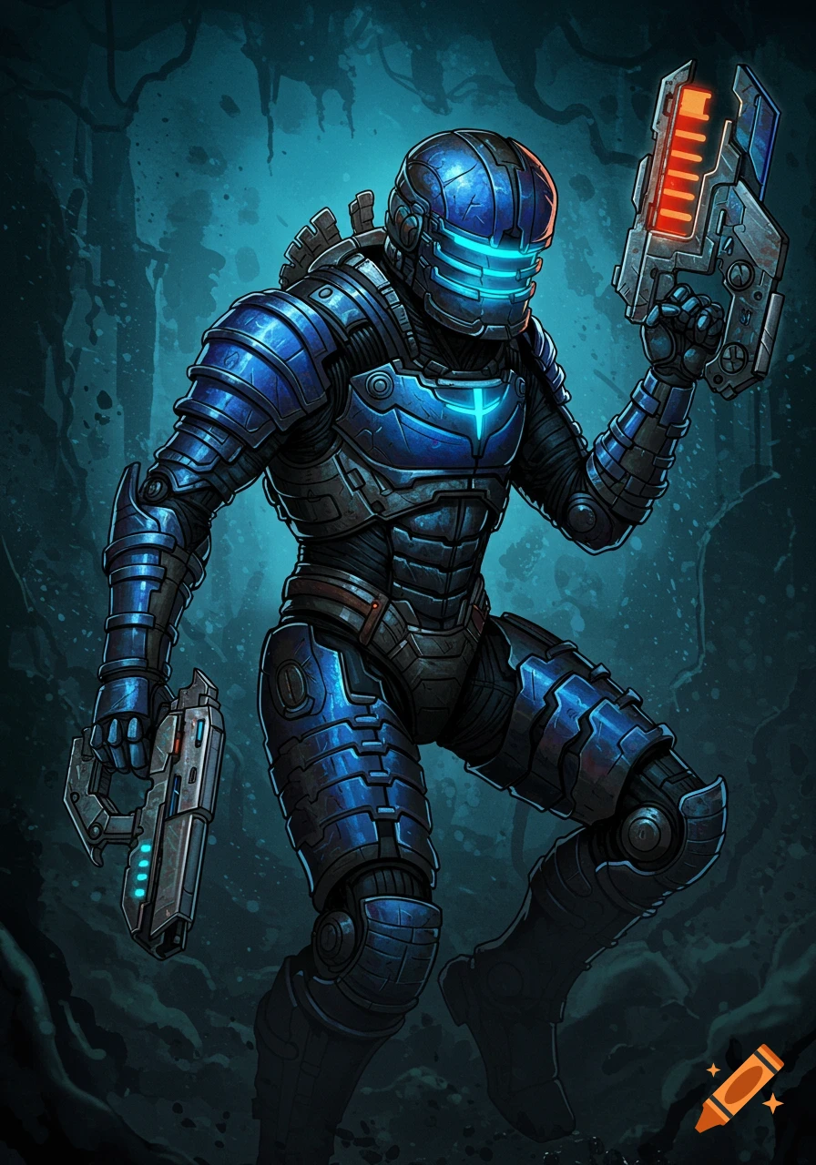 Stylized illustration of a figure in blue sci-fi armor holding weapons.