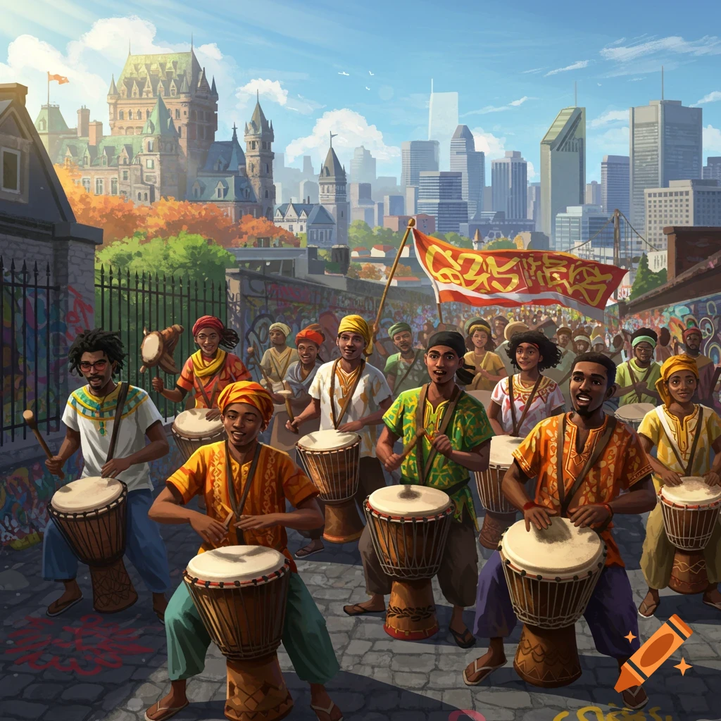 People play djembe drums on a street between Quebec City castle and Montreal skyline on a sunny day, illustration.