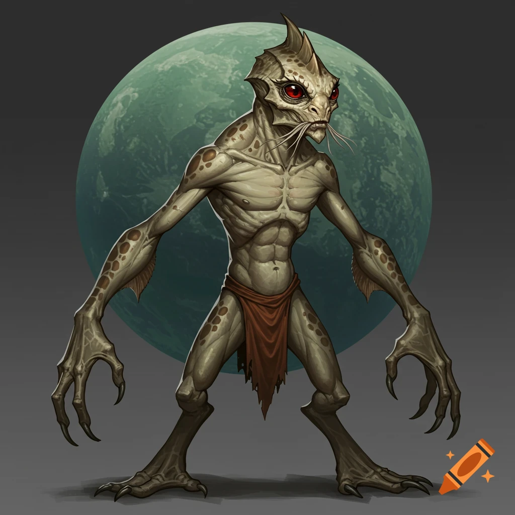 A scaly, humanoid alien creature with red eyes and a loincloth standing against a planet background, digital illustration style.