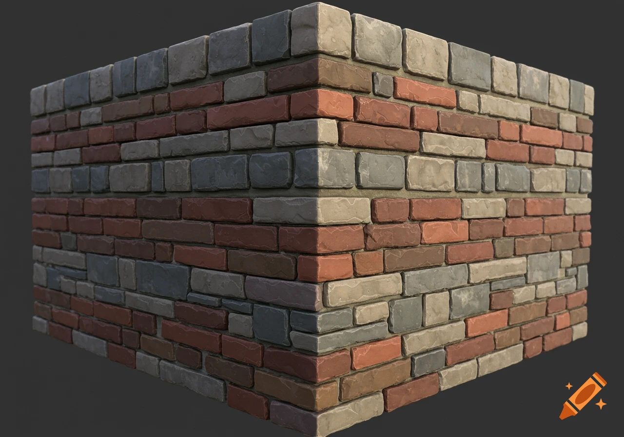 Close-up view of a wall corner constructed from mixed sizes and colors of stones and bricks.