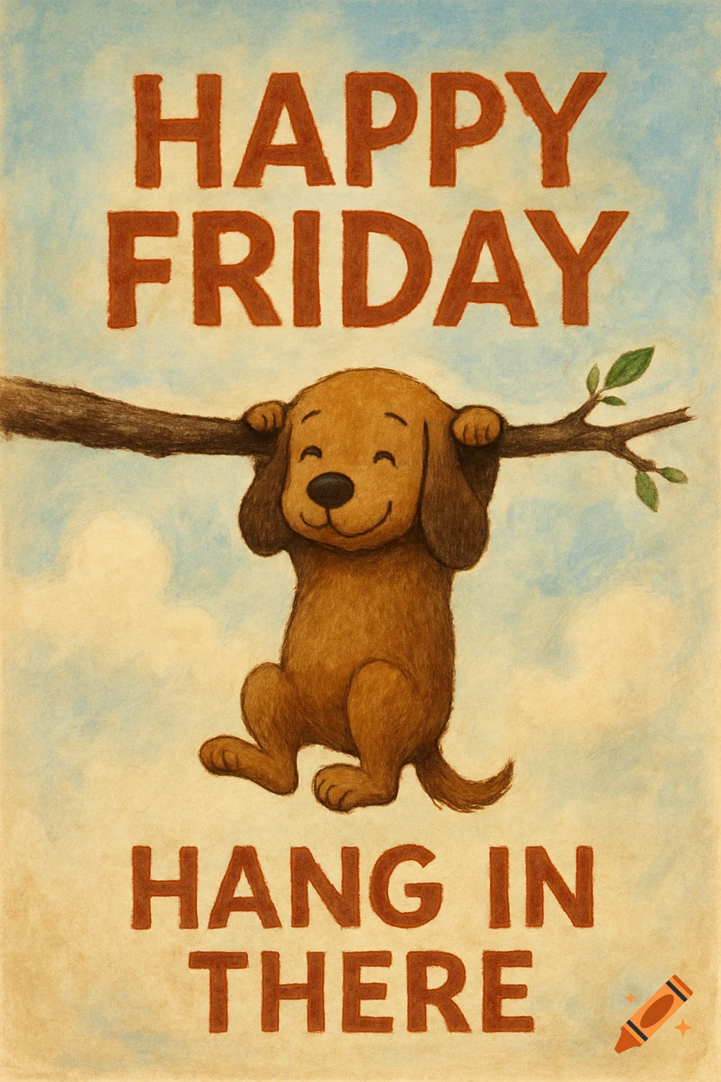 Cartoon dog hangs from a branch under text that says 'Happy Friday'. Below the dog, text reads 'Hang In There'. Illustrated in a textured style.
