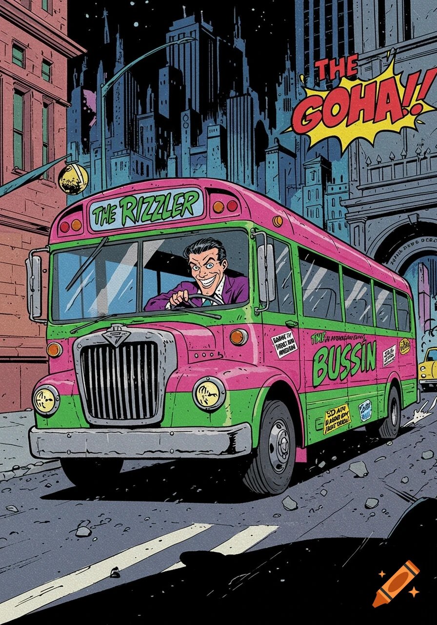 Comic art of a grinning villain driving a pink and green bus labeled "The Rizzler" and "Bussin'" down a city street.