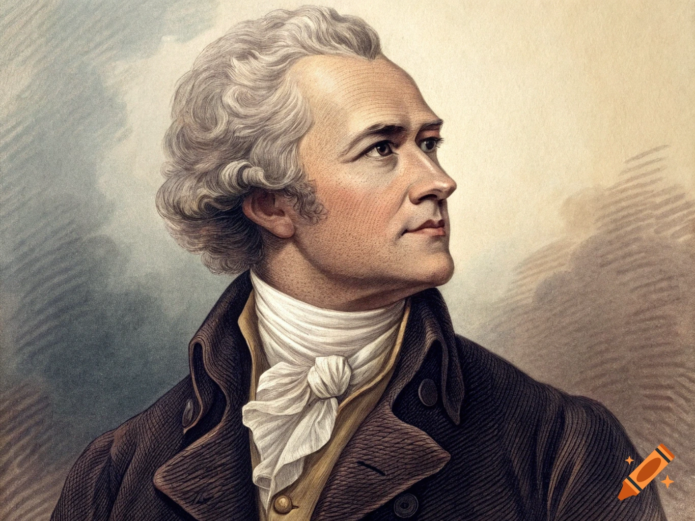 Portrait of Alexander Hamilton looking right in a historical style.