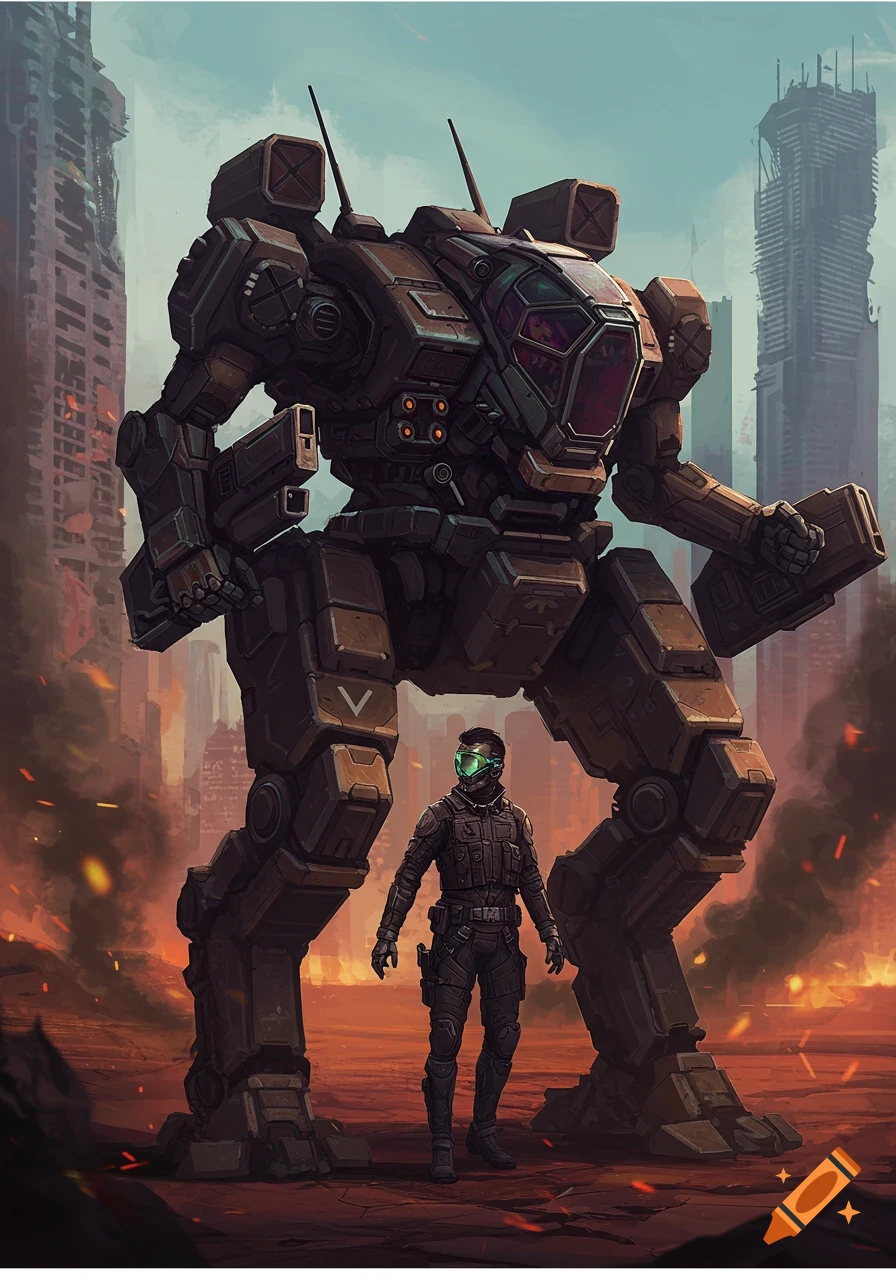 A person stands beside a large mech in a ruined city landscape with fires and smoke.
