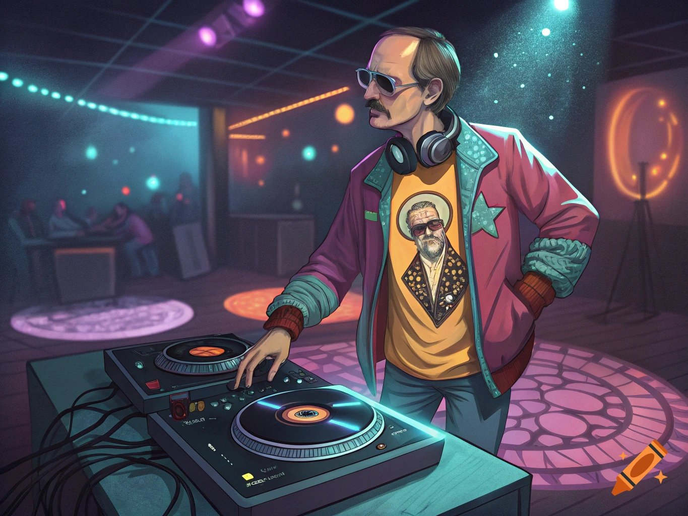 A man with a mustache and glasses wearing headphones DJs in a club.