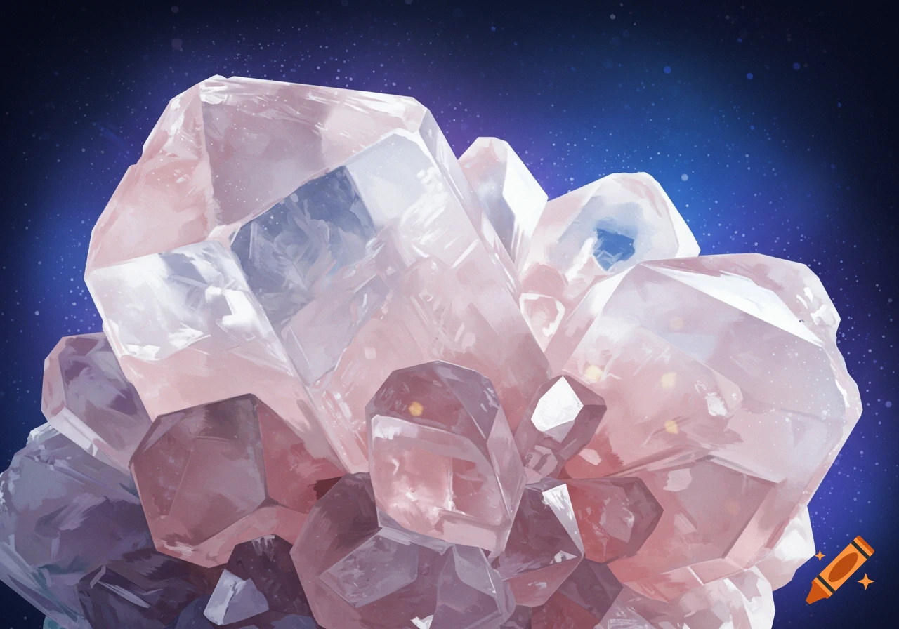 Pink and clear crystals against a starry blue background.