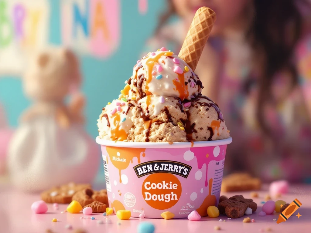 Close-up of a pint of cookie dough ice cream with multiple scoops, toppings, and a waffle cone.