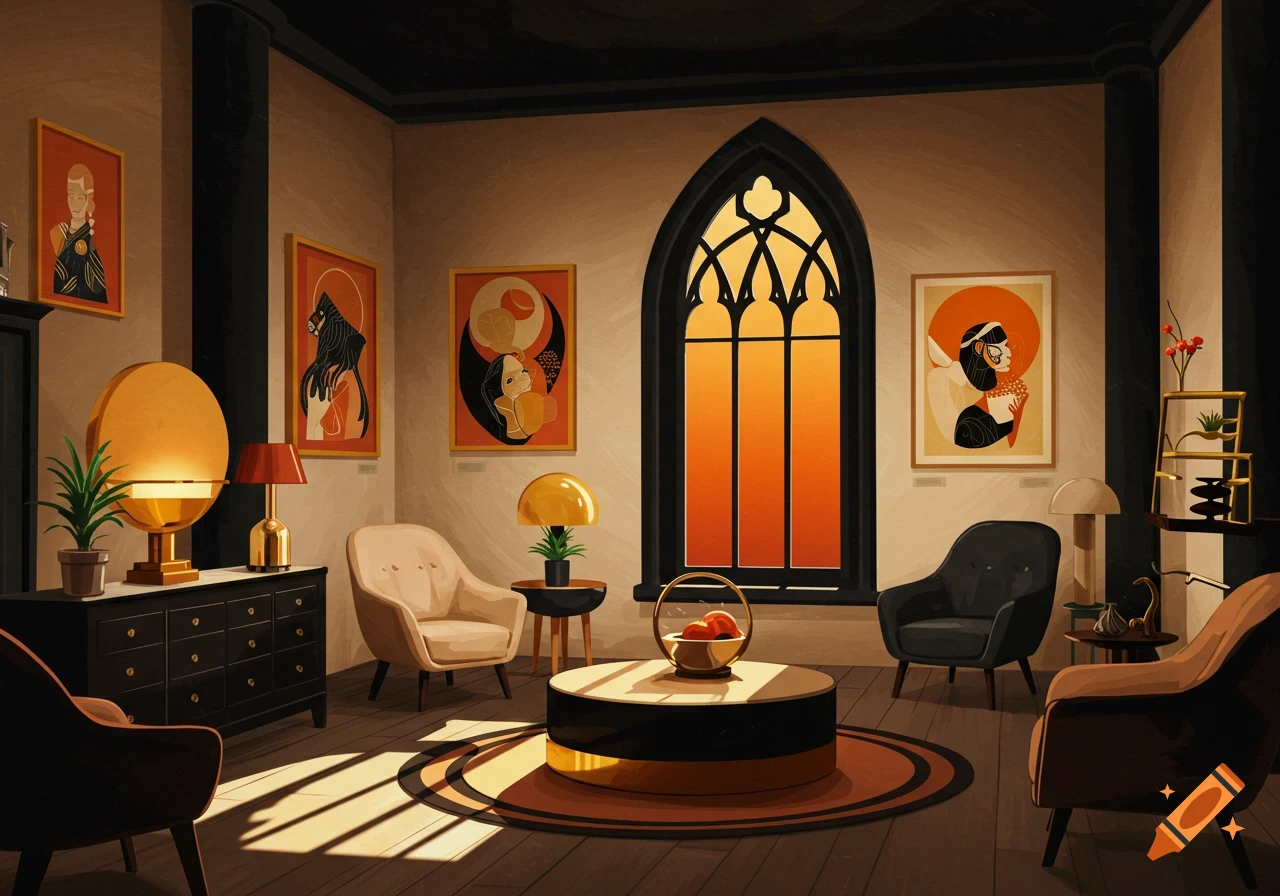 An illustration of a stylized room with furniture, paintings, and sunbeams shining through a large gothic window.