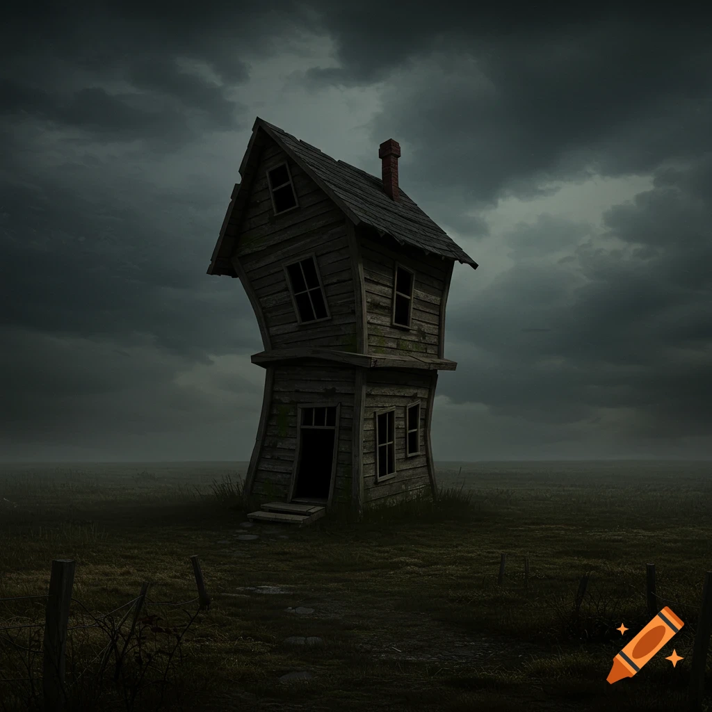 A creepy, distorted wooden shack stands isolated in a dark field under a stormy sky.