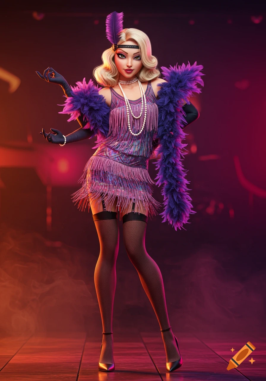 Blonde woman in purple flapper dress, boa, and fishnet stockings, standing in dramatic lighting.