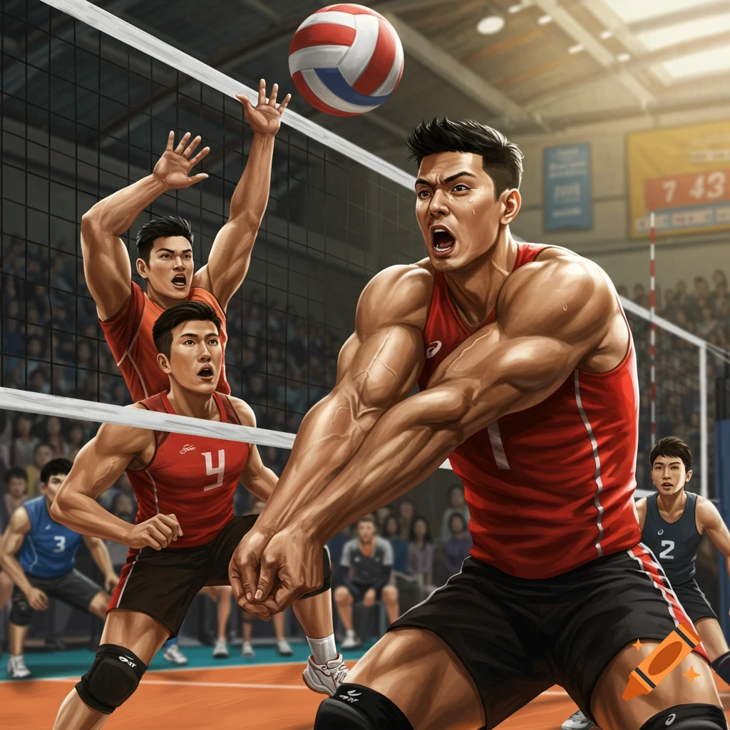 Muscular men playing volleyball indoors