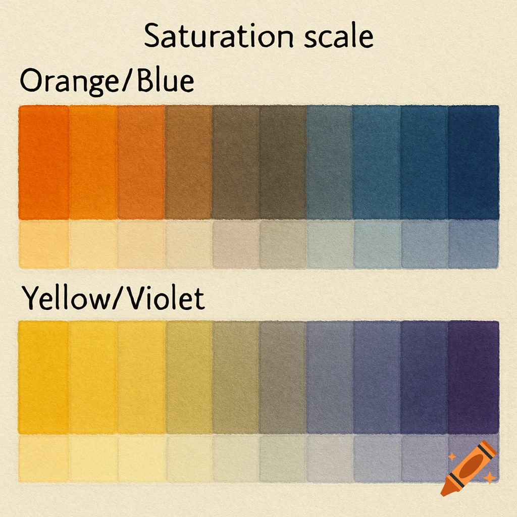 A saturation scale chart for Orange/Blue and Yellow/Violet colors, rendered like watercolor on textured paper.