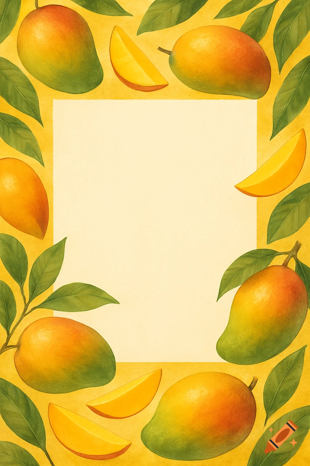 Illustrative border with mangoes and leaves on a yellow background.