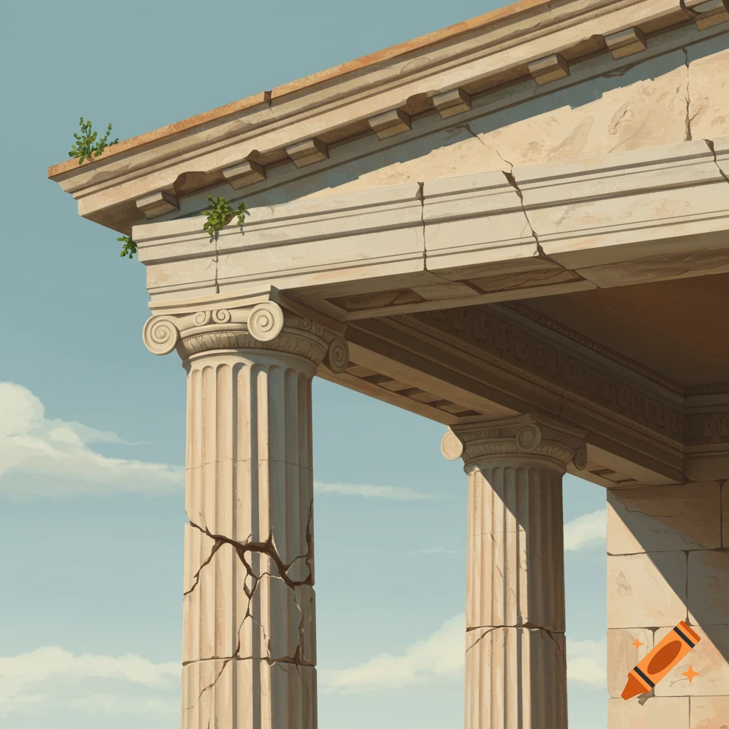 Close-up of ancient Greek columns and roof structure, one cracked, against a blue sky.