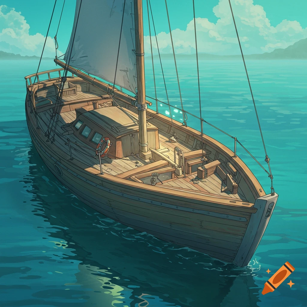 A stylized wooden sailboat floats on calm blue water under a clear sky.
