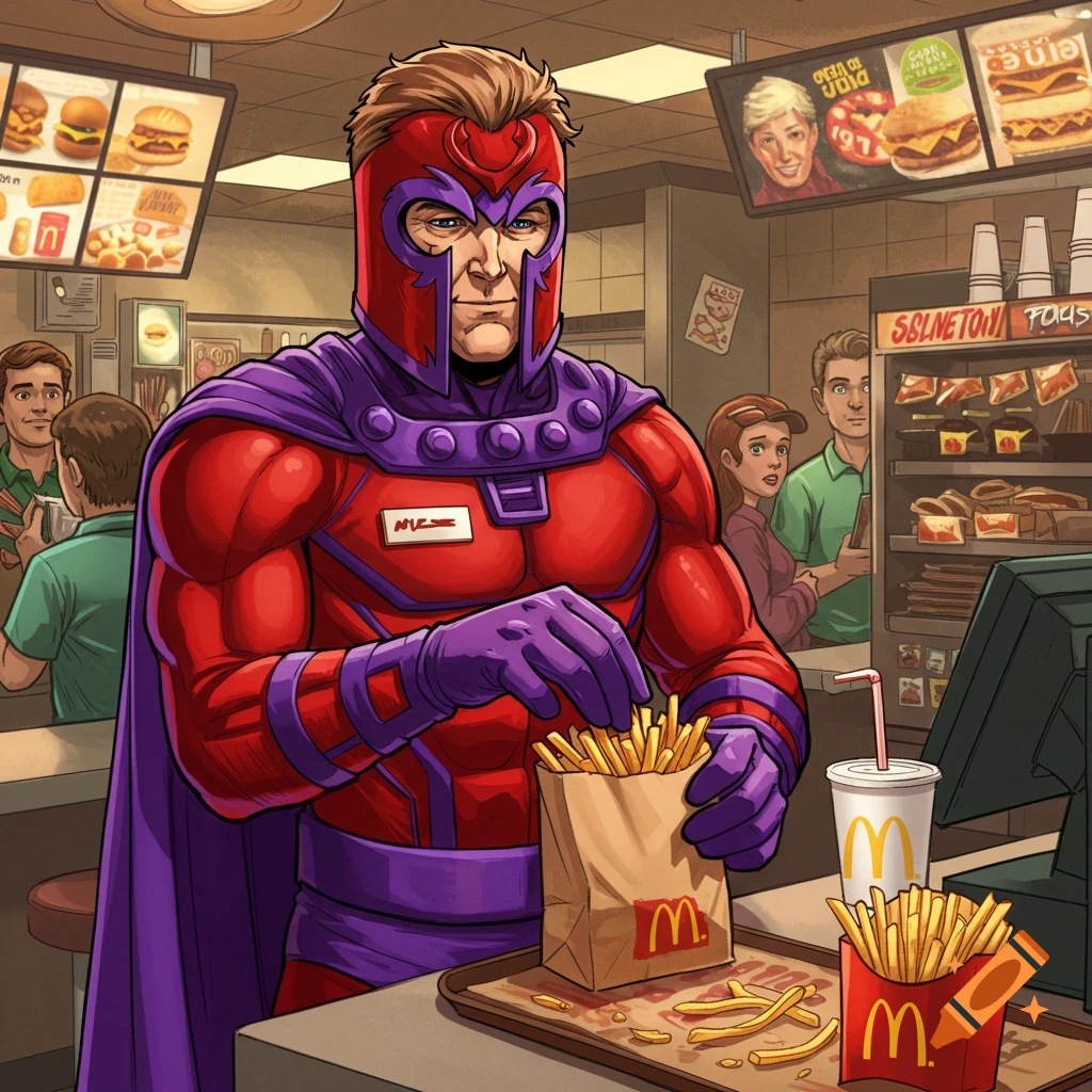 Magneto in a McDonald's, putting french fries into a bag, in a comic book art style.