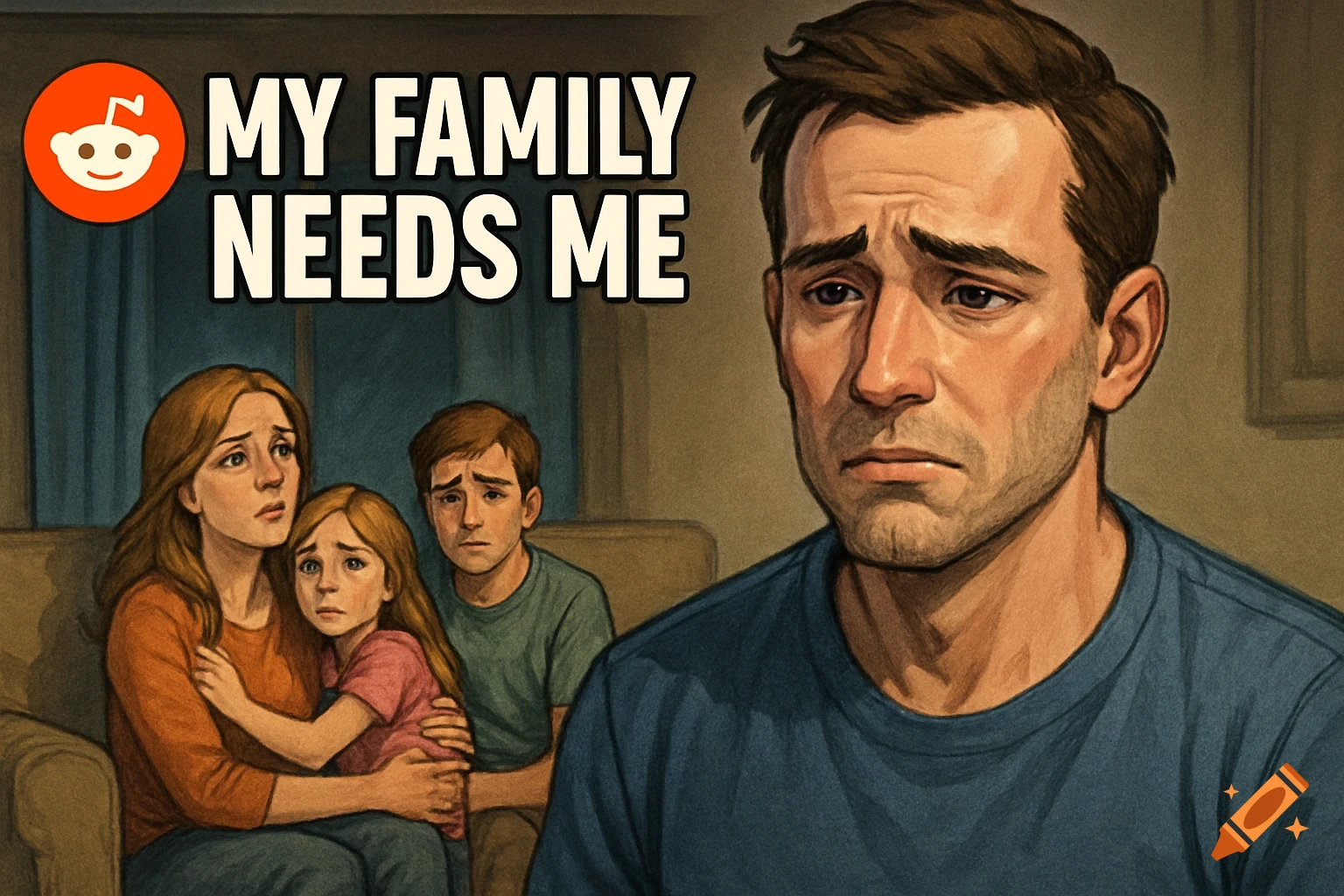 Sad man in foreground, sad woman, girl, boy behind him. Text 'MY FAMILY NEEDS ME' with Reddit logo.