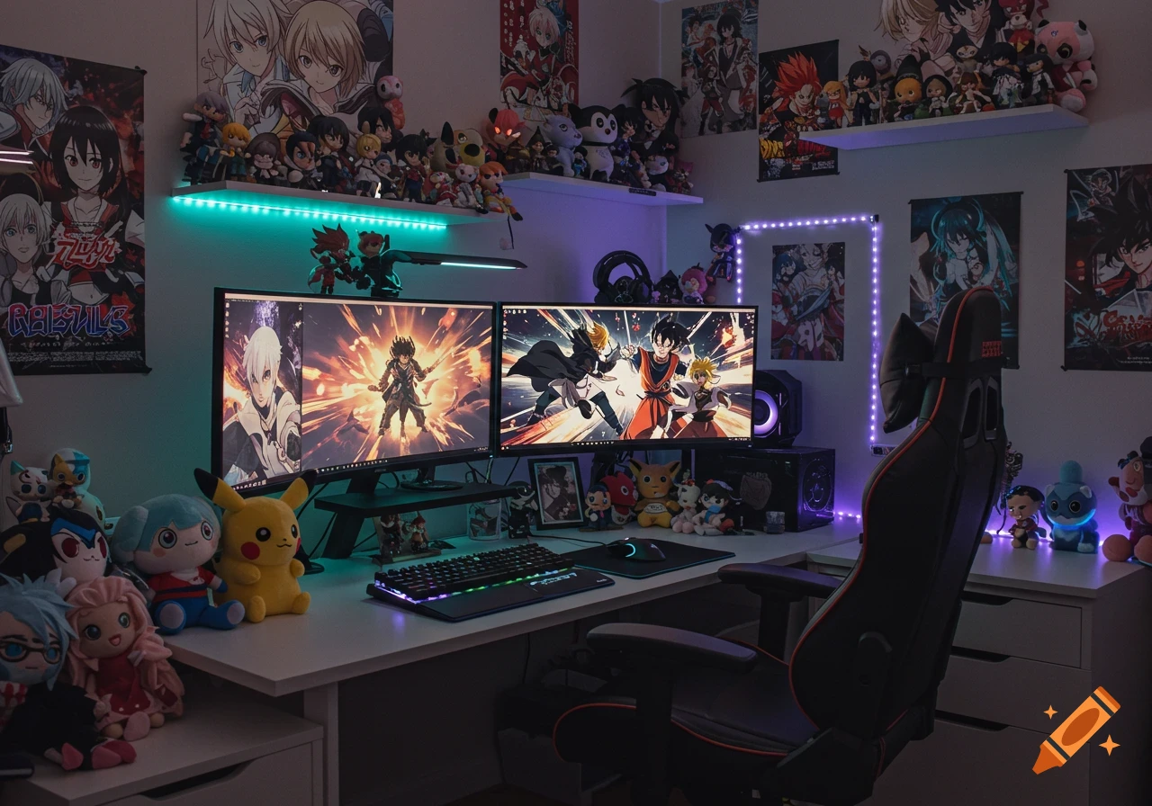 Photo of an anime-themed gaming room with dual monitors, posters, figures, and many stuffed animals.