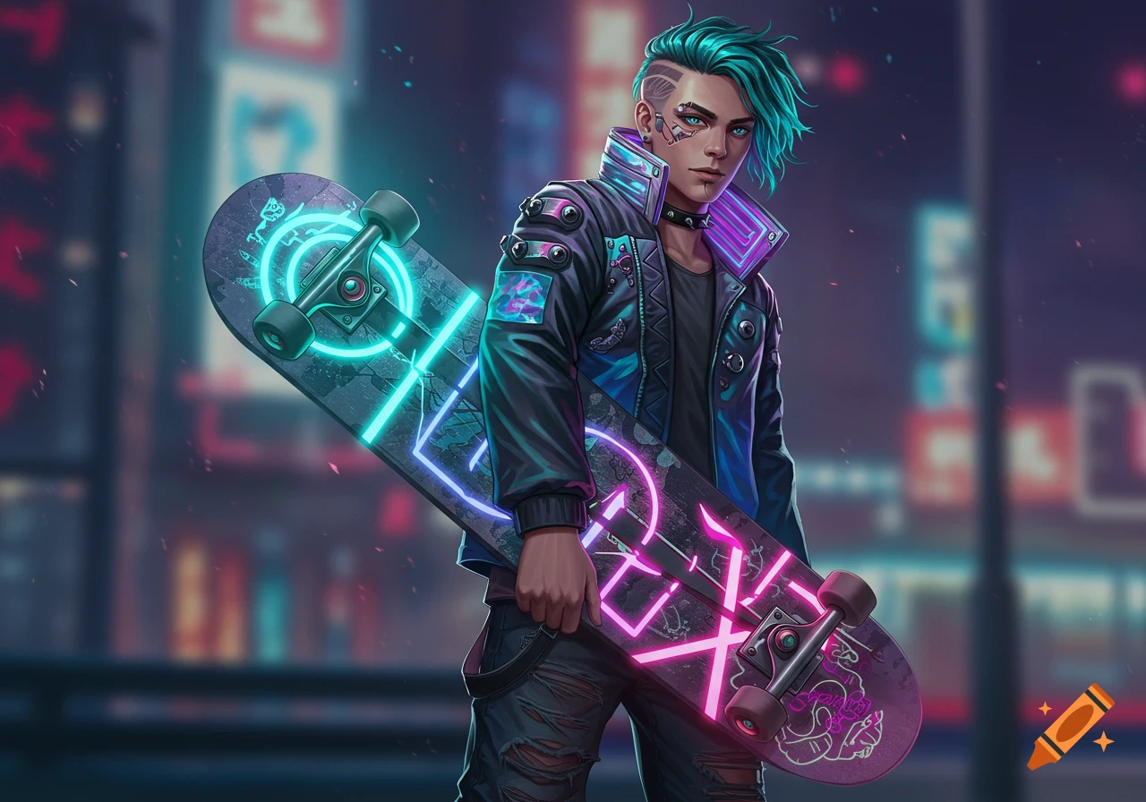 A person in cyberpunk style holds a glowing skateboard in a neon-lit city.