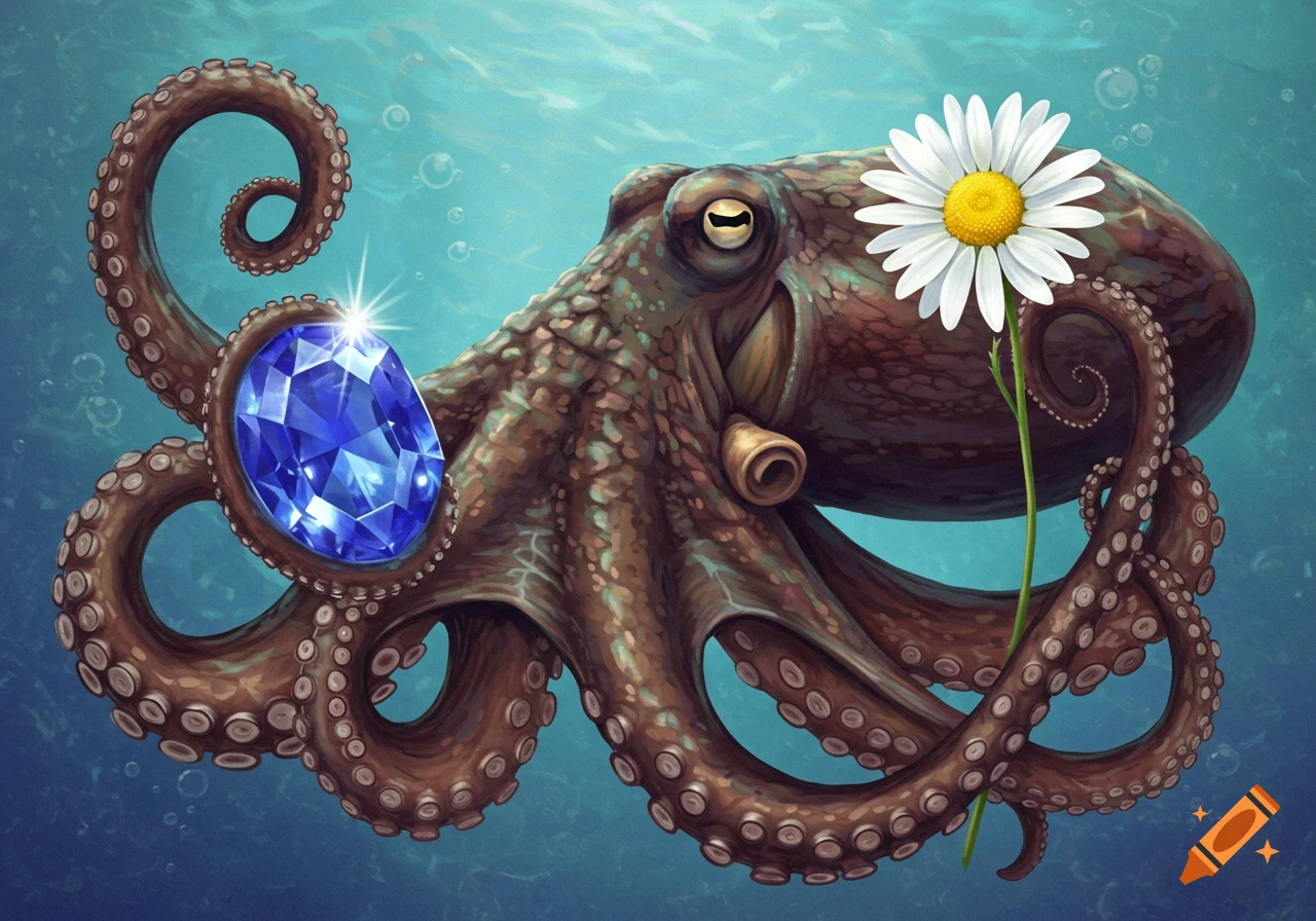 An illustration of an octopus underwater holding a large blue sapphire and a daisy.