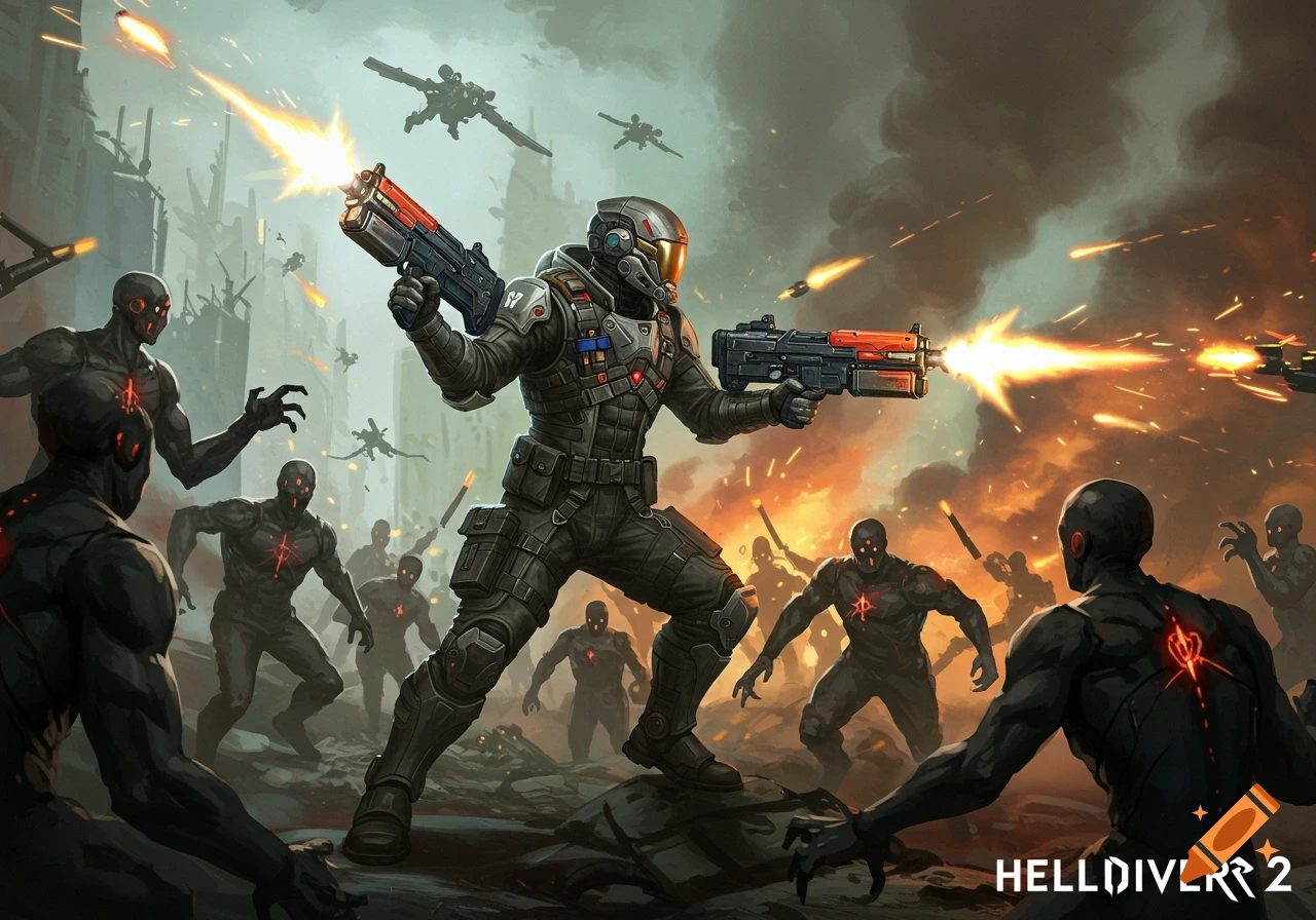 Sci-fi soldier fights alien creatures in a ruined city landscape, explosions and action.