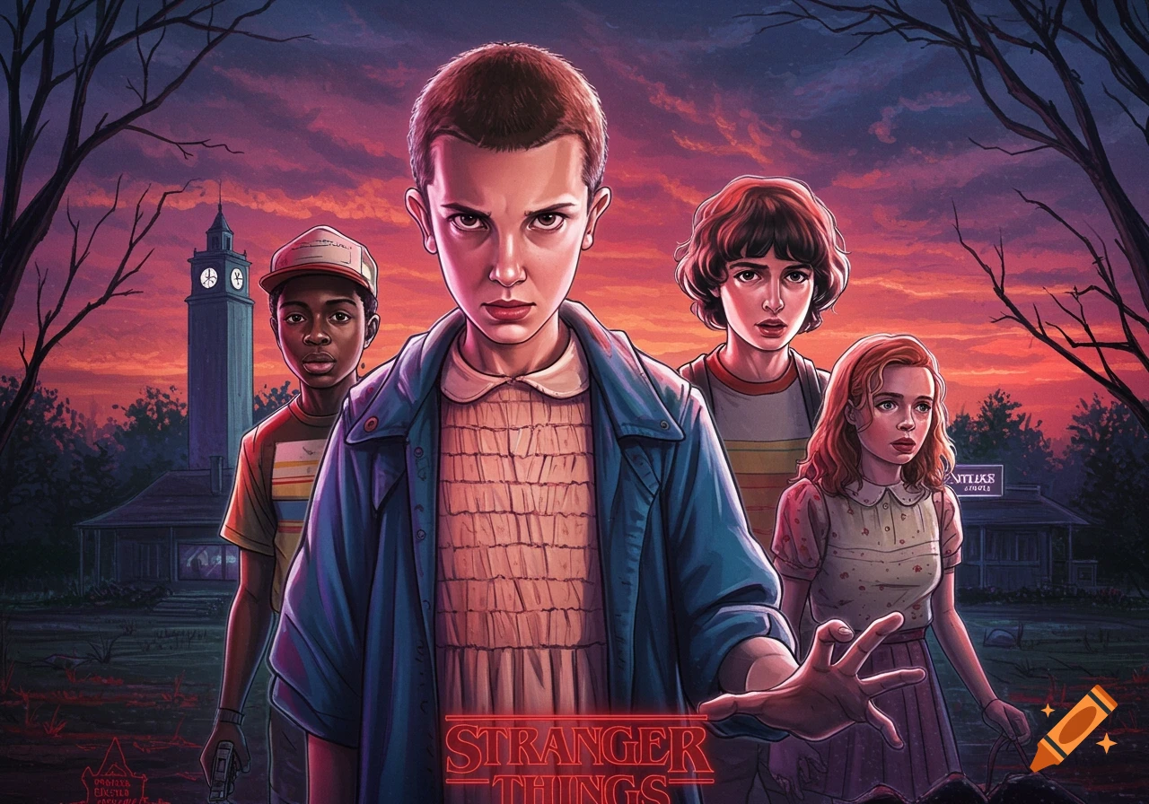 Illustration of Stranger Things characters against a sunset sky.