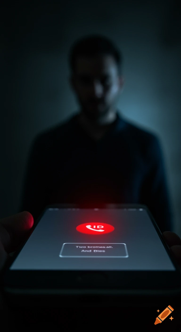 Hand holds smartphone showing red end call button and text on screen, blurred person in dark background.