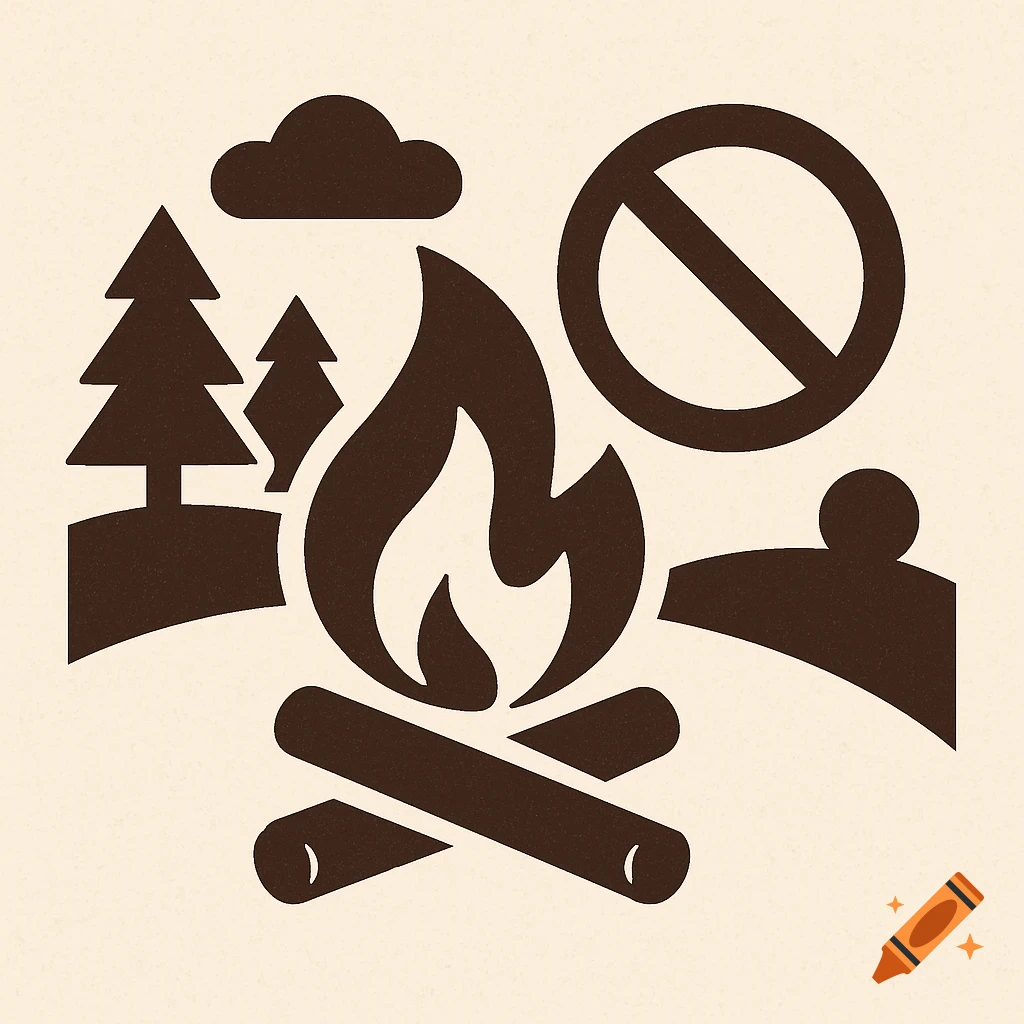 An icon showing a stylized campfire with a prohibition symbol, trees, and hills, with a textured background.