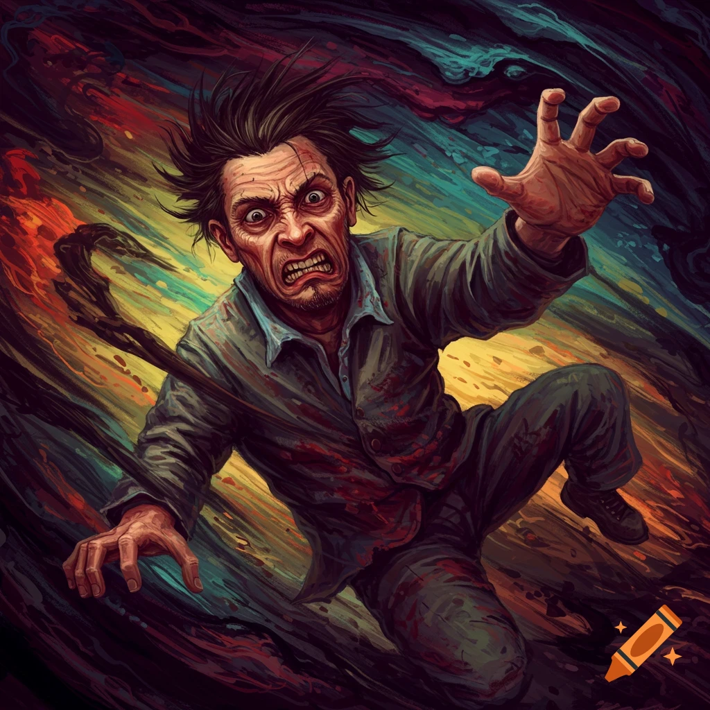 Distressed man screaming and reaching out in swirling abstract background with blood splatters, illustration.