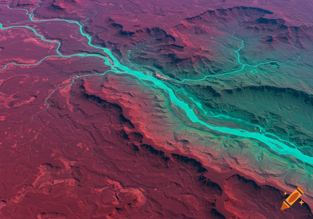 Aerial view of a teal river winding through pink and red rocky canyons.