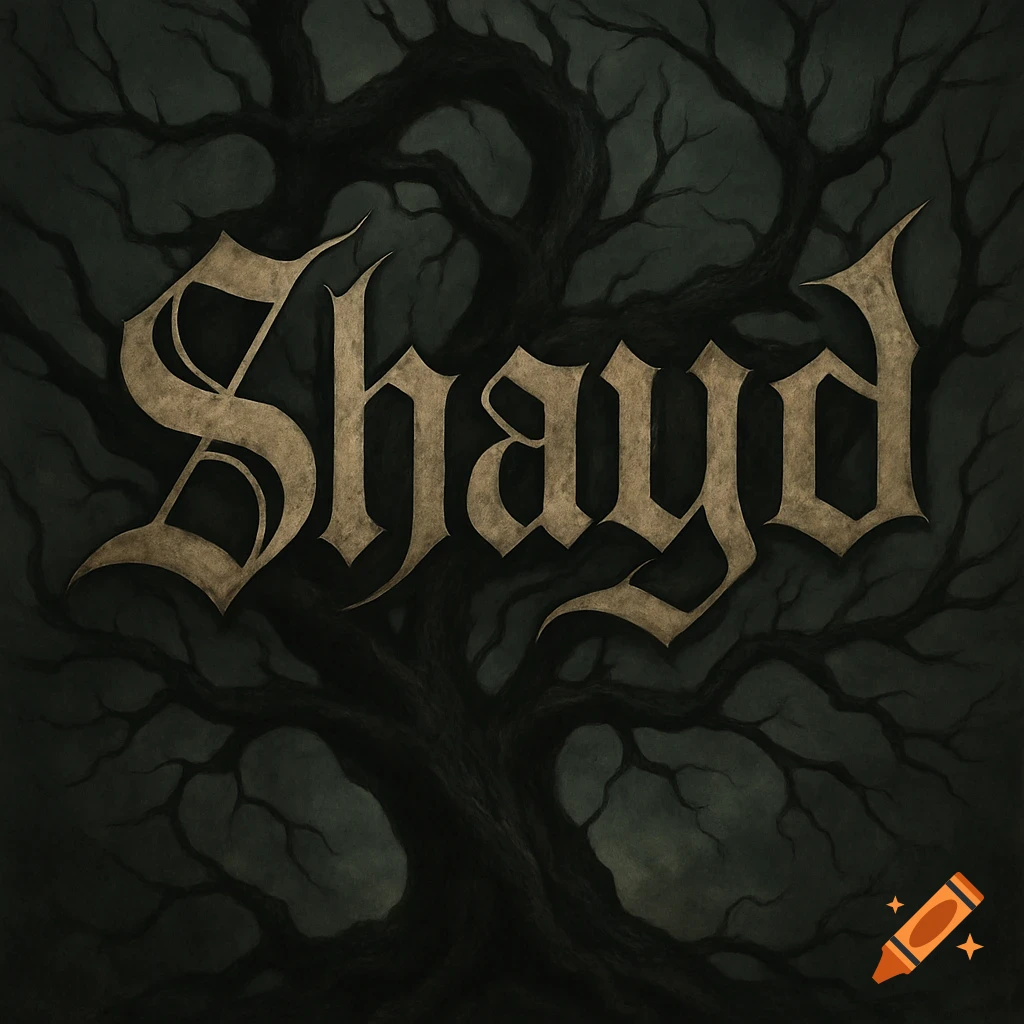 Golden gothic text 'Shayd' over a dark, spooky tree background.