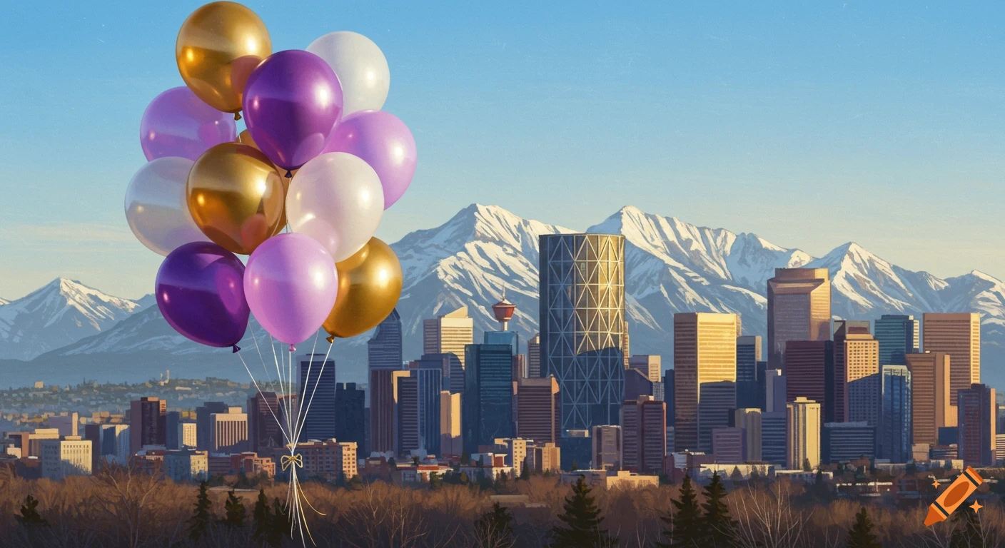 Lilac, purple, gold, and white balloons float above the Calgary skyline with mountains in the background.