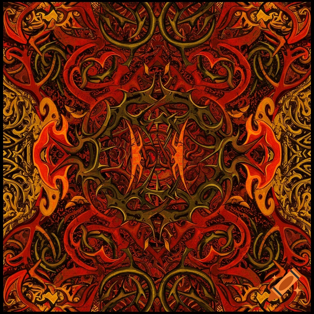 Abstract symmetrical pattern of red, gold, and black tribal, flame, and thorn elements.