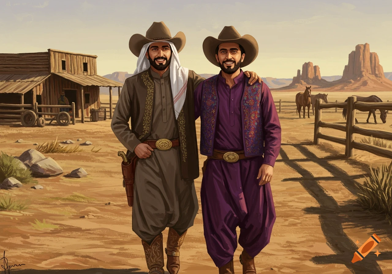 Two men in a mix of traditional Middle Eastern and cowboy attire stand on a ranch in the desert.