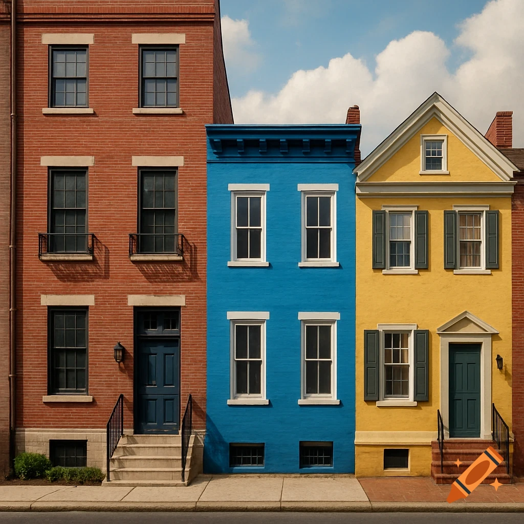 Three colorful row houses on a street: red brick, blue, and yellow.