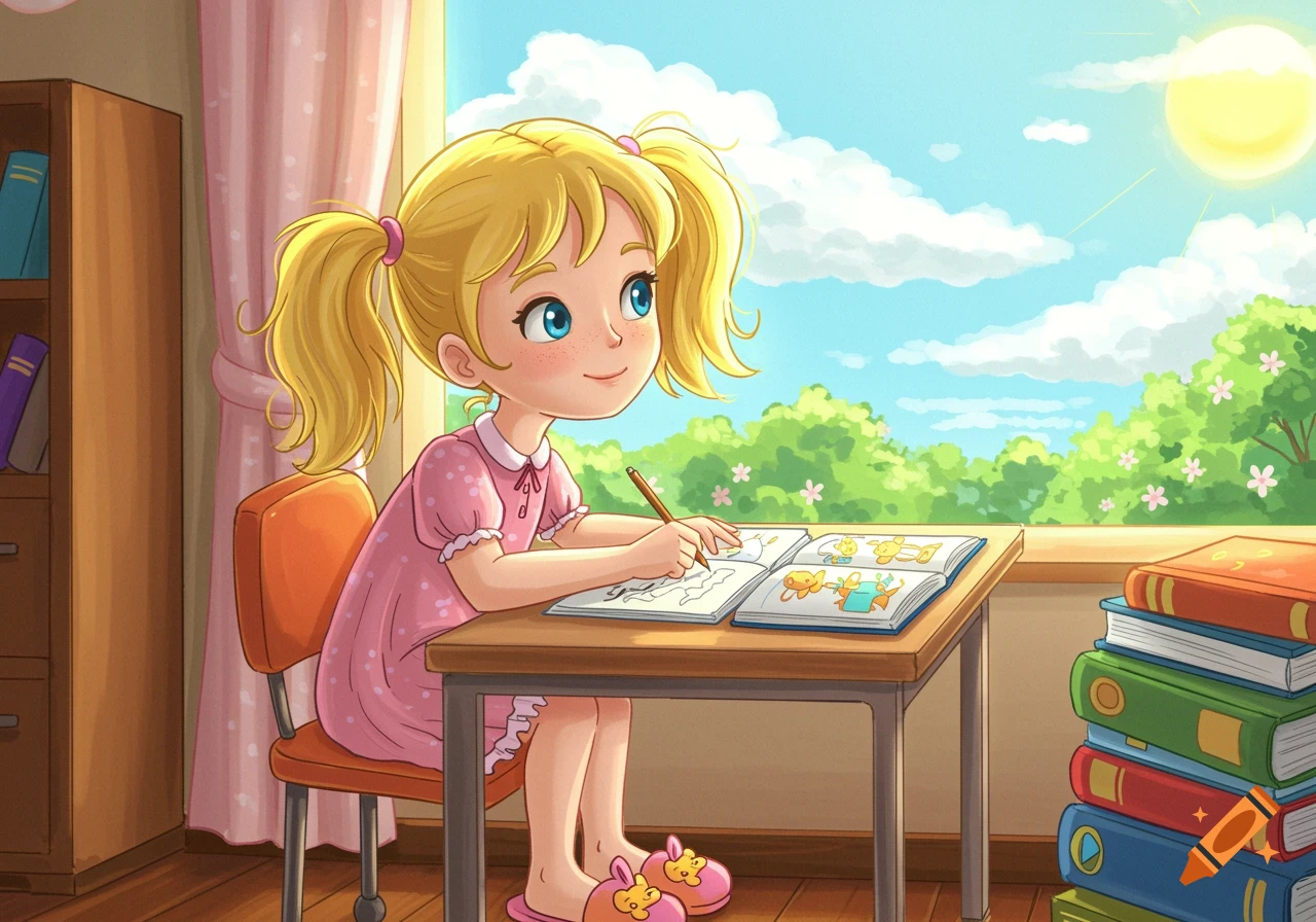 Blonde cartoon girl studying at a desk, looking out window.