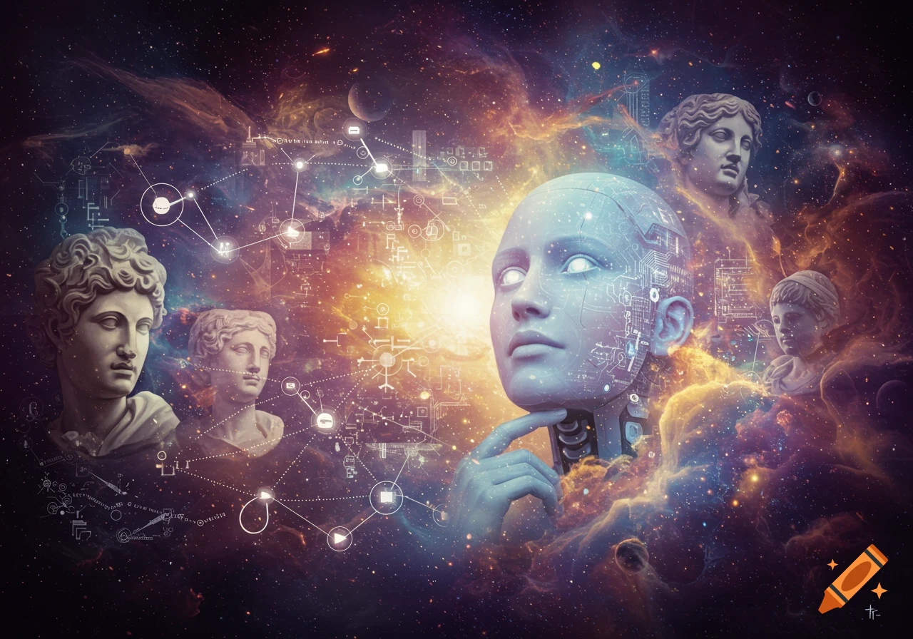 An AI head and classical stone busts float in swirling cosmic clouds and stars, surrounded by abstract technical diagrams.