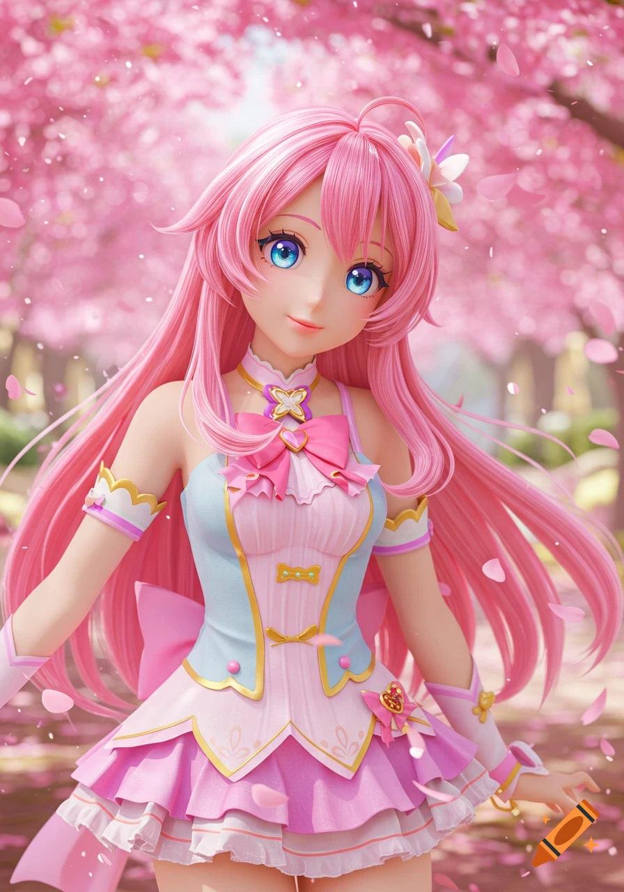 Anime girl with pink hair and blue eyes among cherry blossoms.