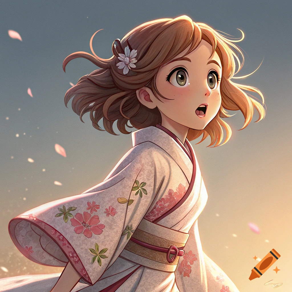 Anime portrait of a girl in a kimono with falling cherry blossoms