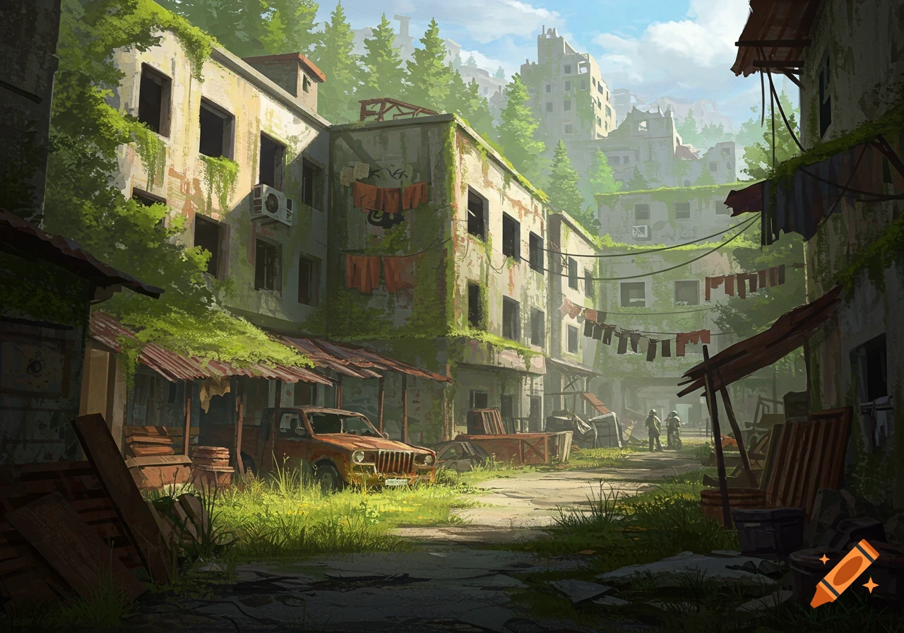 Overgrown abandoned buildings in a post-apocalyptic town with a rusty pickup truck and distant figures, digital painting.