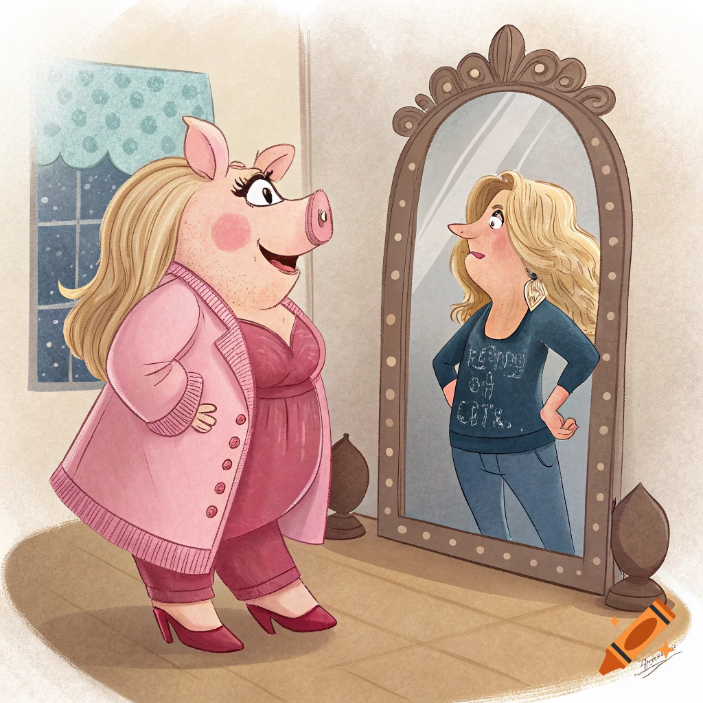 Cartoon pig wearing a pink coat looks in a mirror at a human woman's reflection.