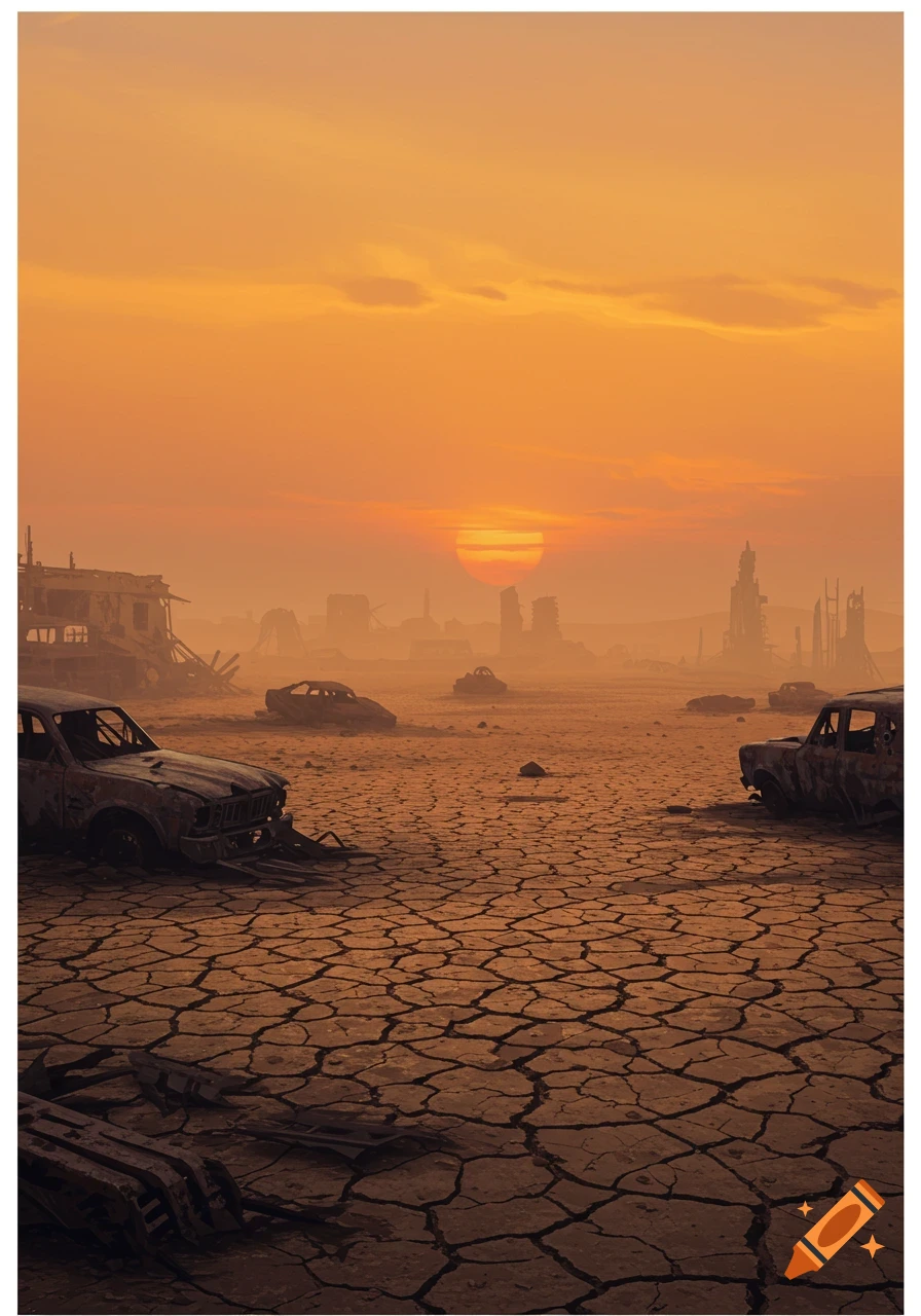 Post-apocalyptic desert landscape with abandoned cars under an orange sunset.