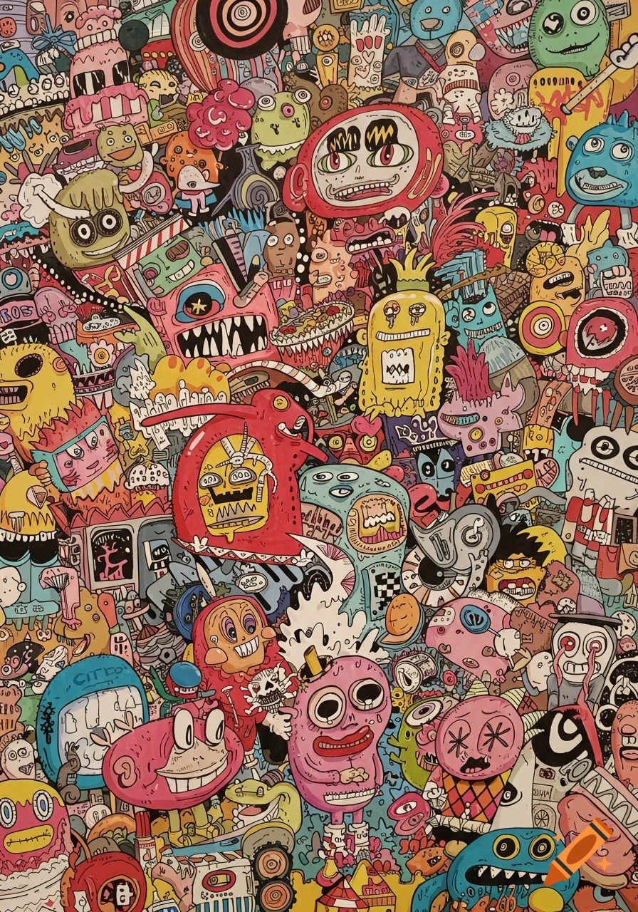 A colorful dense doodle art drawing filled with many different monsters and creatures.
