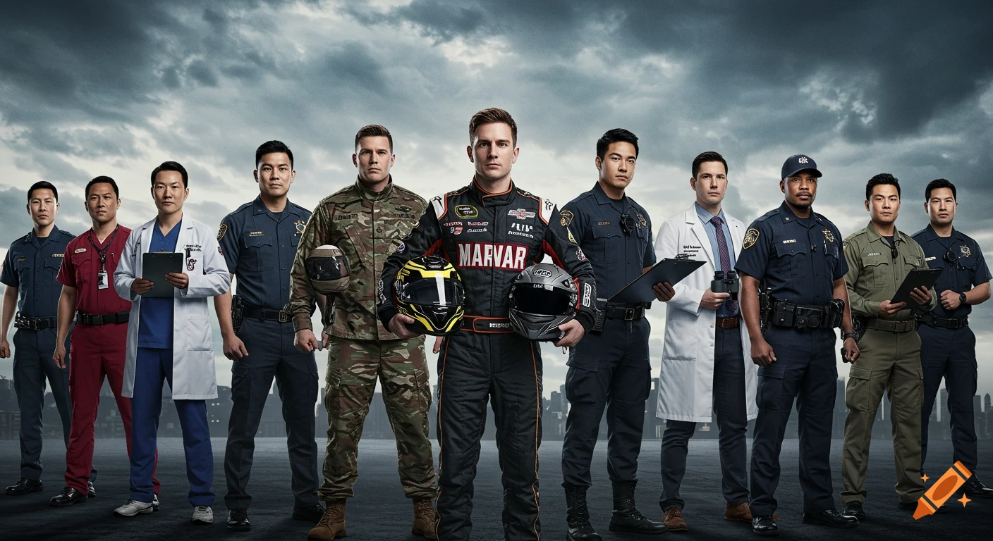 A group of diverse people in various uniforms including military, police, medical, and racing standing in a heroic pose under a dramatic sky.