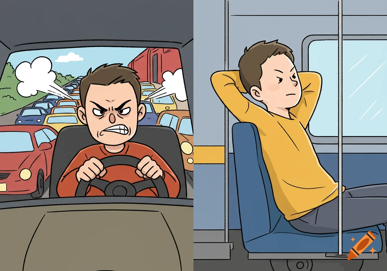 Clip art showing frustrated driver in traffic next to relaxed train passenger