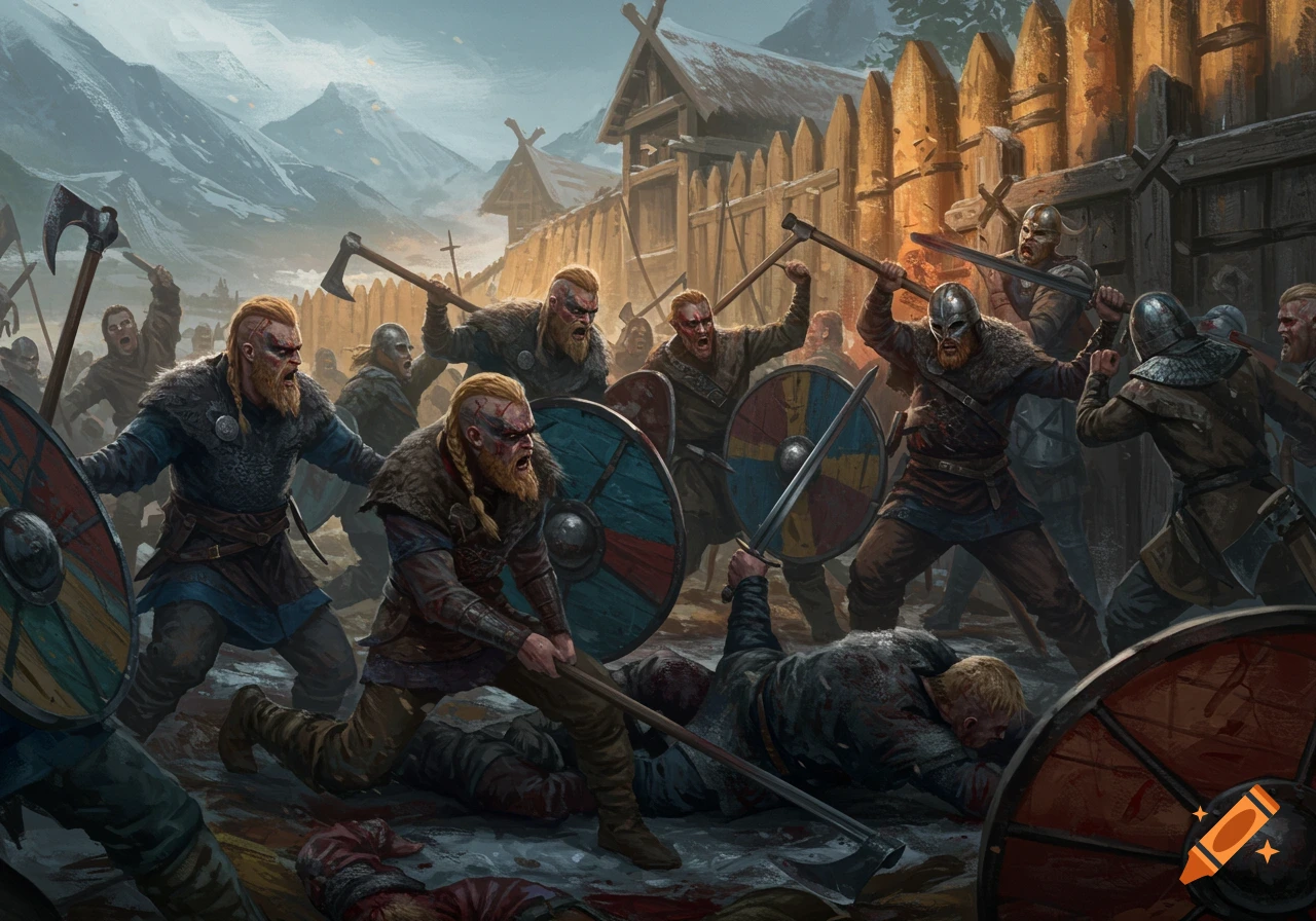 A group of Vikings battling outside a wooden fort.