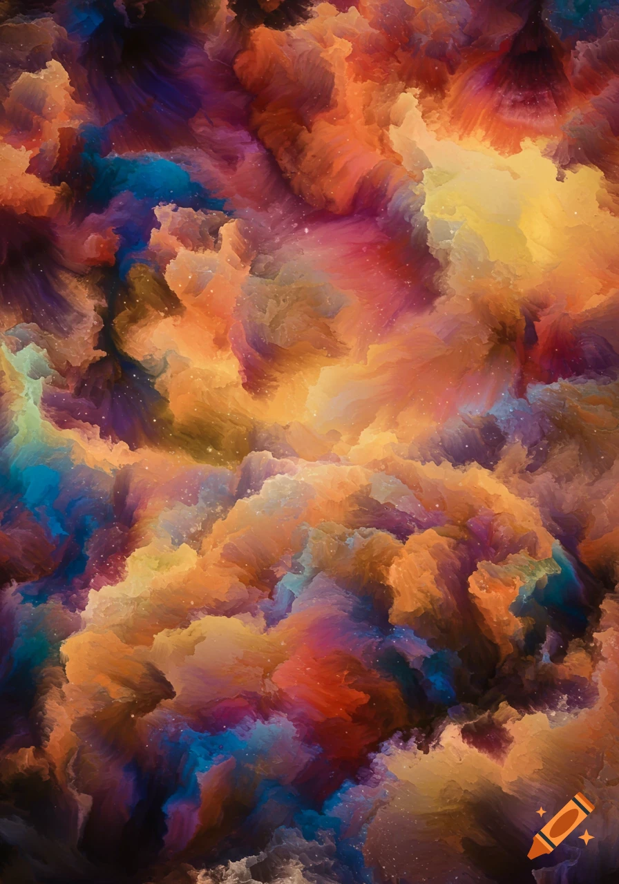 Abstract swirling blend of vibrant orange, blue, purple, and red colors with sparkling particles.